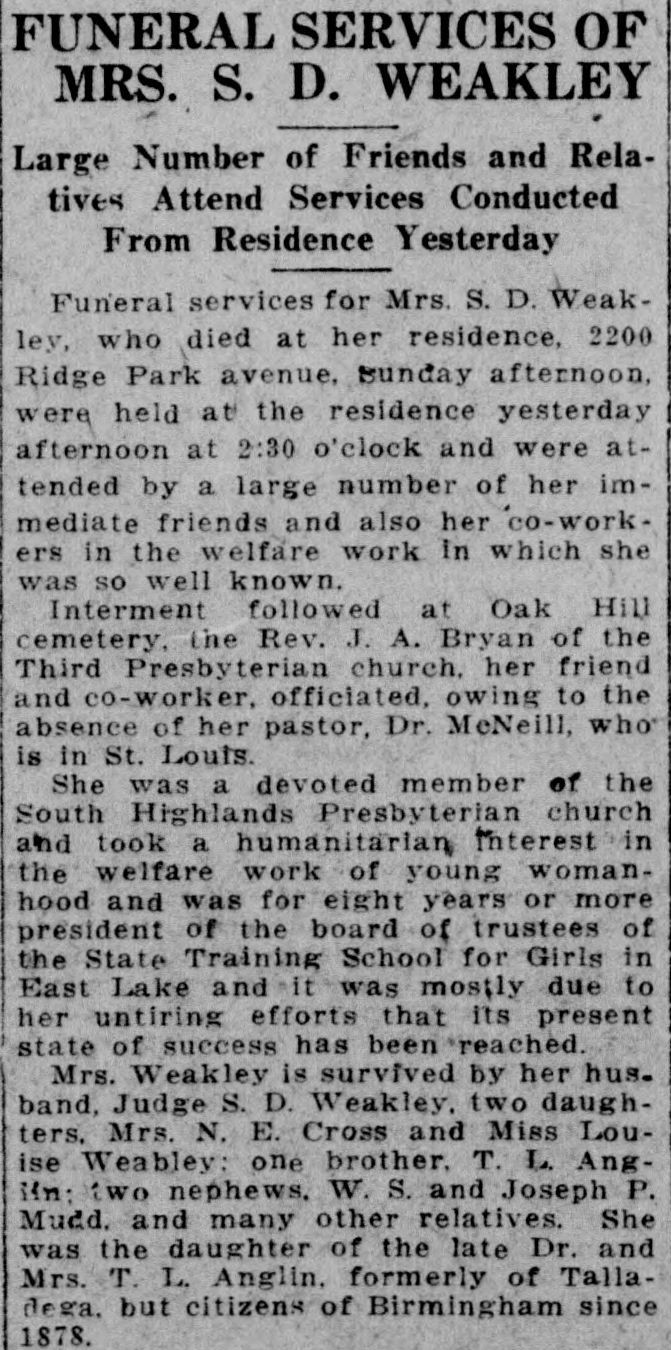 Mrs. S.D. Weakley obituary